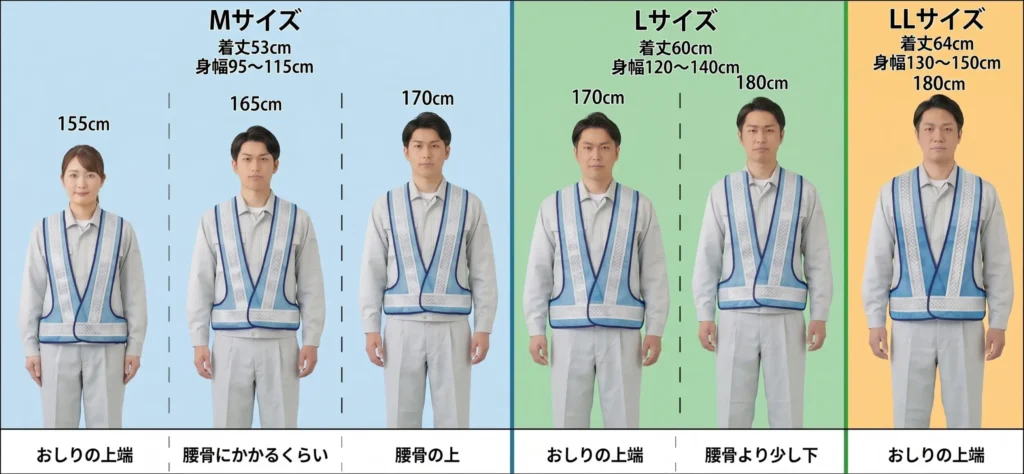 J601PH型ベストの身長別着用イメージ。Mサイズ（着丈53cm/身幅95〜115cm）は155〜170cm向け、Lサイズ（着丈60cm/身幅120〜140cm）は170〜180cm向け、LLサイズ（着丈64cm/身幅130〜150cm）は180cm〜向けです。