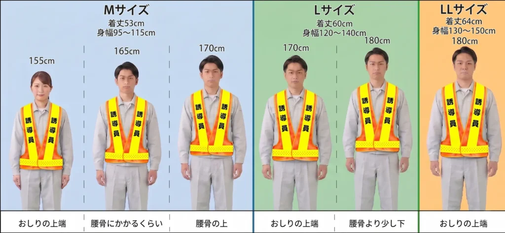 職務名入り安全ベスト（PHFV）の着用サイズ目安表。Mサイズ（着丈53cm、身幅95～115cm）、Lサイズ（着丈60cm、身幅120～140cm）、LLサイズ（着丈64cm、身幅130～150cm）の各寸法と、身長155cm～180cmのモデルが着用した際の裾の位置（腰骨やお尻の上端など）の比較一覧