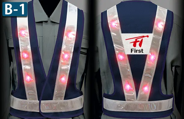 超高輝度LEDベスト 点滅式 プリント例B-1（前面なし・背面台形小サイズへの社名プリント）