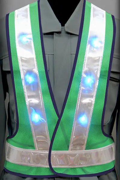 超高輝度LED 安全ベストのカラーバリエーション：青LED×白反射材 × 蛍光グリーン（メッシュ生地）