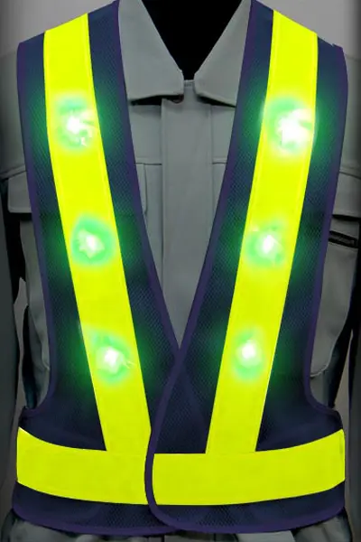 超高輝度LED 安全ベストのカラーバリエーション：青LED×蛍光ライム反射材 × 紺（メッシュ生地）