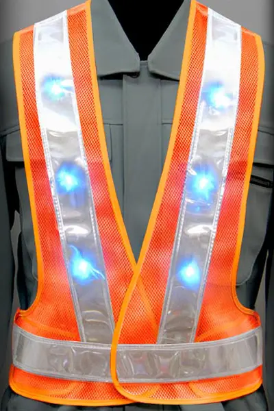 超高輝度LED 安全ベストのカラーバリエーション：青LED×白反射材 × 蛍光オレンジ（メッシュ生地）
