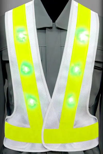 超高輝度LED 安全ベストのカラーバリエーション：青LED×蛍光ライム反射材 × 白（メッシュ生地）