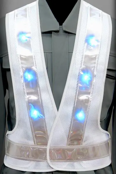 超高輝度LED 安全ベストのカラーバリエーション：青LED×白反射材 × 白（メッシュ生地）