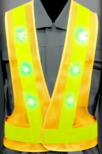 超高輝度LED 安全ベストのカラーバリエーション：青LED×蛍光ライム反射材 × 黄（メッシュ生地）