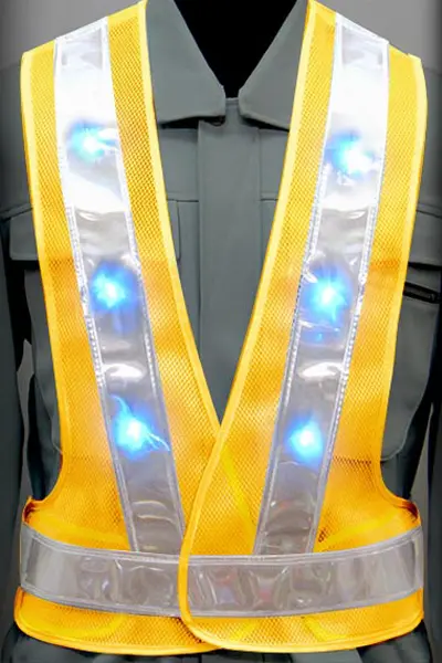 超高輝度LED 安全ベストのカラーバリエーション：青LED×白反射材 × 黄（メッシュ生地）