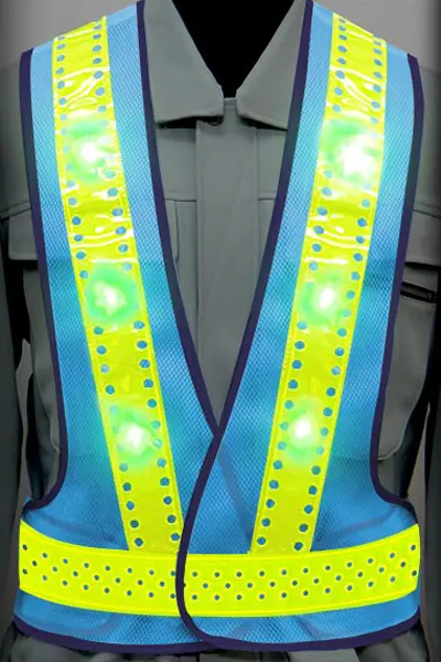 超高輝度LED 安全ベストのカラーバリエーション：ピンホール×青LED×蛍光ライムイエロー反射材 × 青（メッシュ生地）