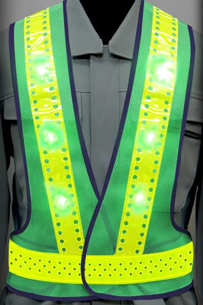 超高輝度LED 安全ベストのカラーバリエーション：ピンホール×青LED×蛍光ライムイエロー反射材 × 蛍光グリーン（メッシュ生地）