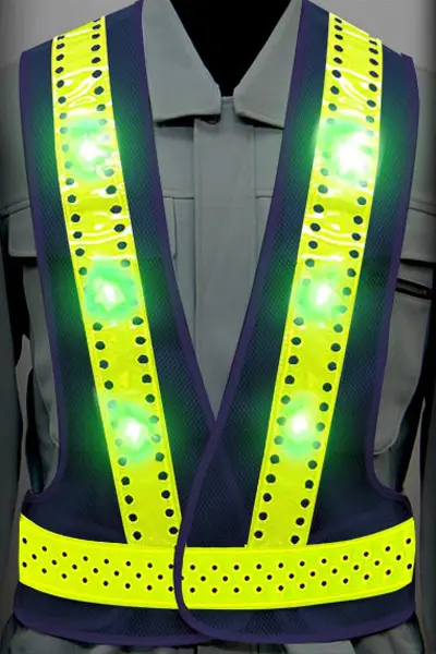 超高輝度LED 安全ベストのカラーバリエーション：ピンホール×青LED×蛍光ライムイエロー反射材 × 紺（メッシュ生地）