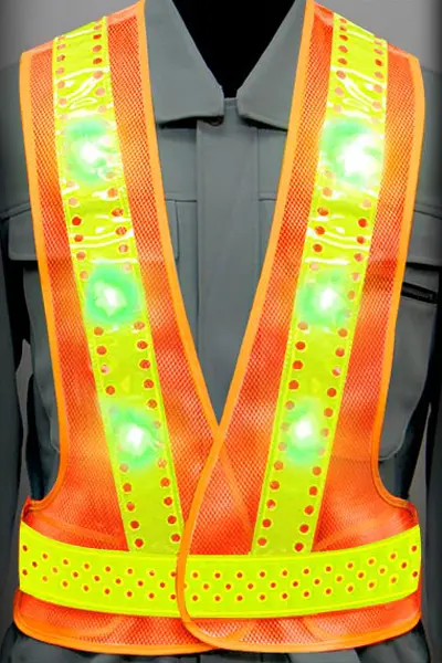 超高輝度LED 安全ベストのカラーバリエーション：ピンホール×青LED×蛍光ライムイエロー反射材 × 蛍光オレンジ（メッシュ生地）