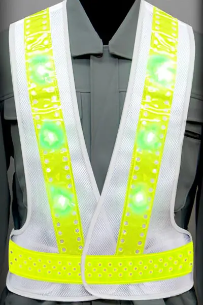 超高輝度LED 安全ベストのカラーバリエーション：ピンホール×青LED×蛍光ライムイエロー反射材 × 白（メッシュ生地）