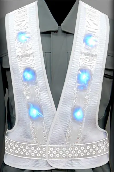 超高輝度LED 安全ベストのカラーバリエーション：ピンホール×青LED×白反射材 × 白（メッシュ生地）