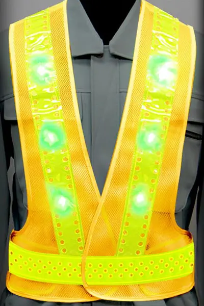 超高輝度LED 安全ベストのカラーバリエーション：ピンホール×青LED×蛍光ライムイエロー反射材 ×黄（メッシュ生地）