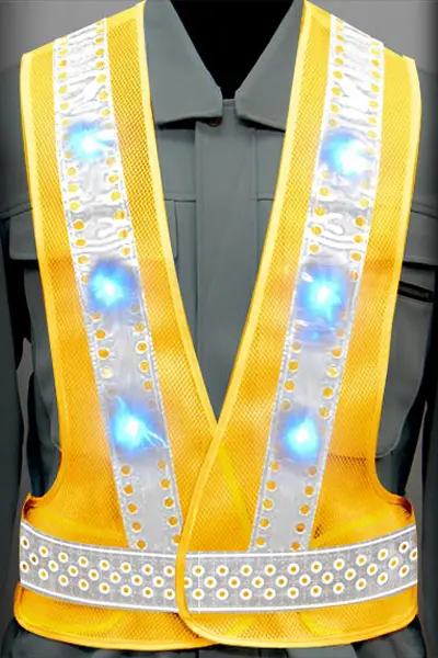 超高輝度LED 安全ベストのカラーバリエーション：ピンホール×青LED×白反射材 × 黄（メッシュ生地）