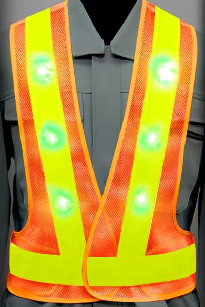 超高輝度LED 安全ベストのカラーバリエーション：青LED×蛍光ライム反射材 × 蛍光オレンジ（メッシュ生地）