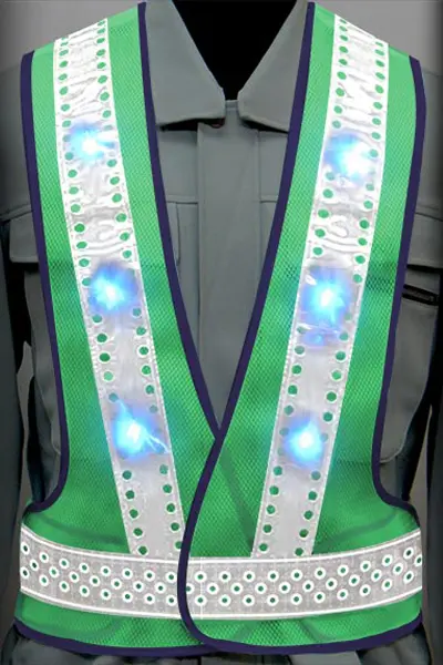 超高輝度LED 安全ベストのカラーバリエーション：ピンホール×青LED×白反射材 × 蛍光グリーン（メッシュ生地）