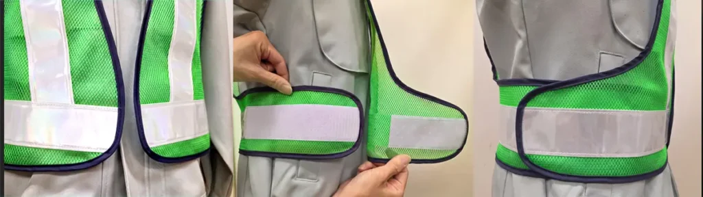 J200型ベストは、前・両サイドのマジックテープで簡単にサイズ調整が可能。夏服から冬の防寒着まで、季節や体型に合わせてしっかりフィットします。