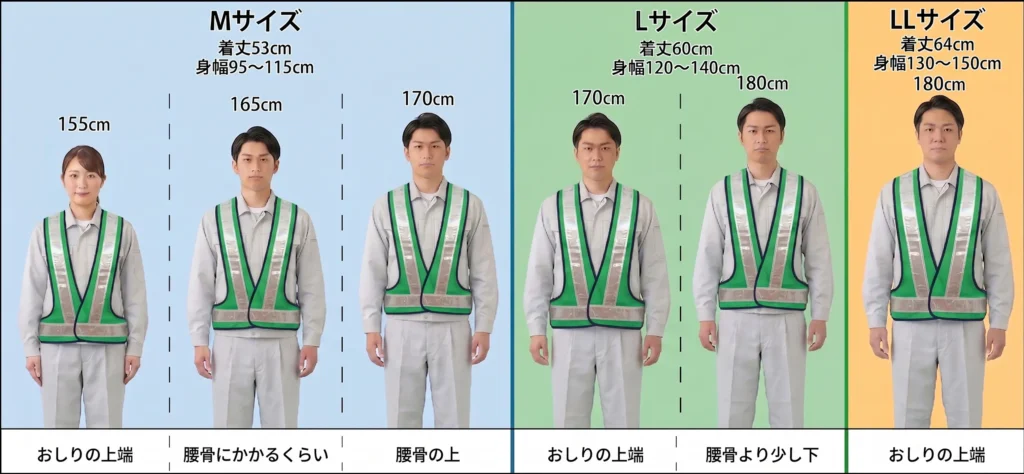 反射 安全ベスト（J200PH型）の着用サイズ目安表。Mサイズ（着丈53cm、身幅95～115cm）、Lサイズ（着丈60cm、身幅120～140cm）、LLサイズ（着丈64cm、身幅130～150cm）の各寸法と、身長155cm～180cmのモデルが着用した際の裾の位置（腰骨やお尻の上端など）の比較一覧