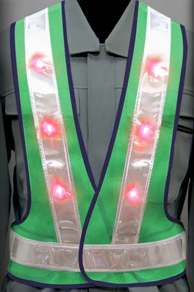 超高輝度LED 安全ベストのカラーバリエーション：赤LED×白反射材 × 蛍光グリーン（メッシュ生地）