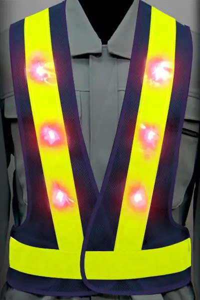 超高輝度LED 安全ベストのカラーバリエーション：赤LED×蛍光ライム反射材 × 紺（メッシュ生地）