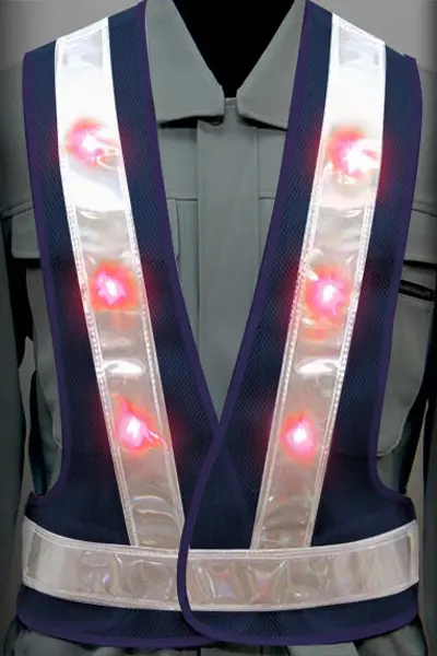 超高輝度LED 安全ベストのカラーバリエーション：赤LED×白反射材 × 紺（メッシュ生地）