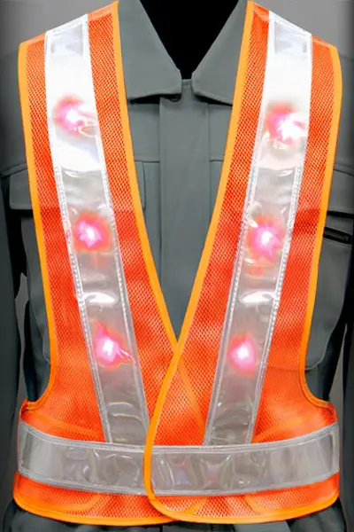 超高輝度LED 安全ベストのカラーバリエーション：赤LED×白反射材 × 蛍光オレンジ（メッシュ生地）