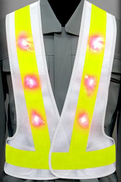 超高輝度LED 安全ベストのカラーバリエーション：赤LED×蛍光ライム反射材 × 白（メッシュ生地）
