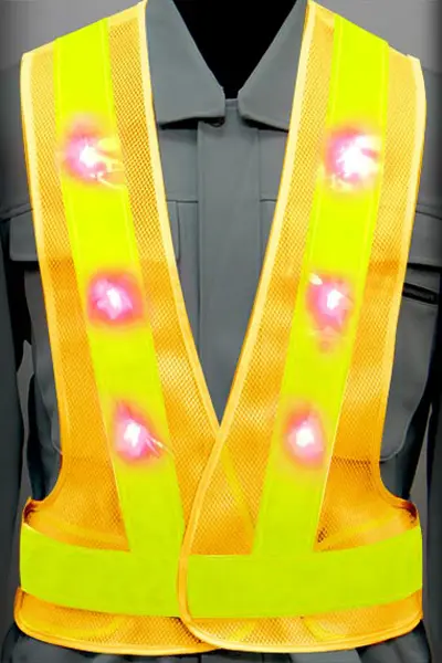 超高輝度LED 安全ベストのカラーバリエーション：赤LED×蛍光ライム反射材 × 黄（メッシュ生地）