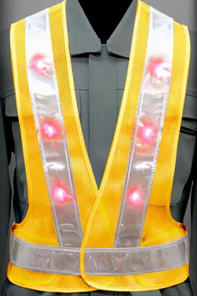 超高輝度LED 安全ベストのカラーバリエーション：赤LED×白反射材 × 黄（メッシュ生地）