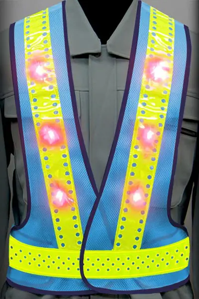 超高輝度LED 安全ベストのカラーバリエーション：ピンホール×赤LED×蛍光ライムイエロー反射材 ×青（メッシュ生地）