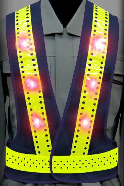 超高輝度LED 安全ベストのカラーバリエーション：ピンホール×赤LED×蛍光ライムイエロー反射材 ×紺（メッシュ生地）