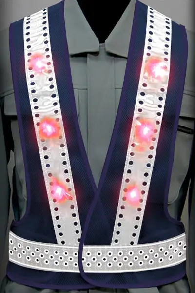 超高輝度LED 安全ベストのカラーバリエーション：ピンホール×赤LED×白反射材 × 紺（メッシュ生地）