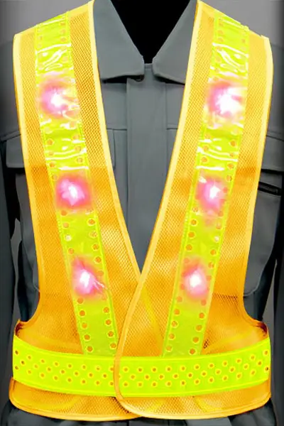 超高輝度LED 安全ベストのカラーバリエーション：ピンホール×赤LED×蛍光ライムイエロー反射材 ×黄（メッシュ生地）